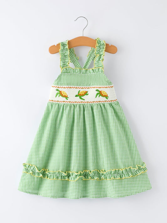 Spring Turtle Smocked Baby Girls Dress