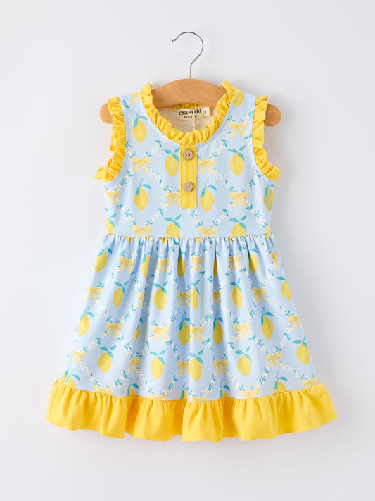 Summer Lemon Floral Print Girl Sleeveless Ruffle Dress
