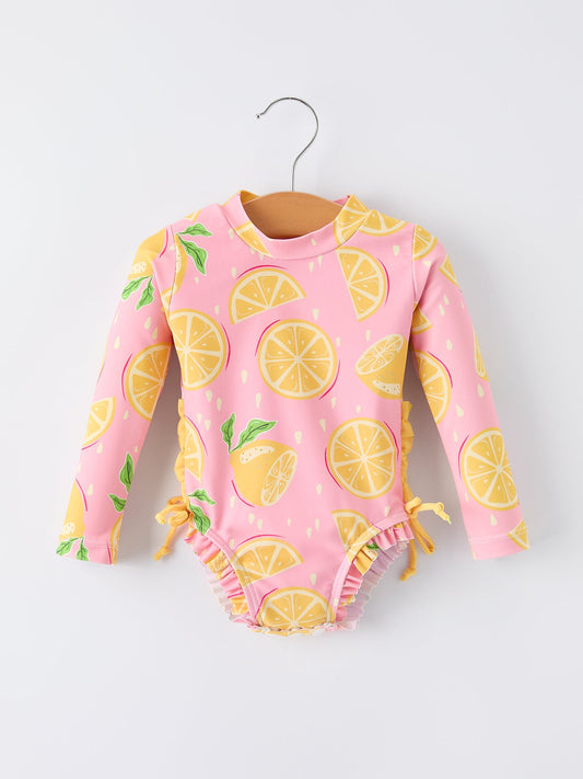 Summer Lemon Print Girl Long Sleeve Ruffle One Piece Swimsuit