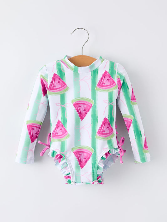 Summer Watermelon Print Girl Long Sleeve Ruffle One Piece Swimsuit