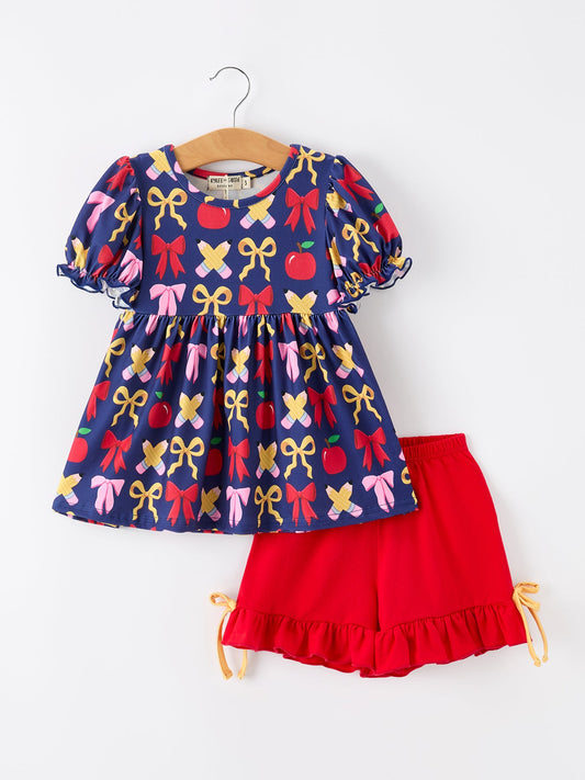Girls Back To School Apple Pencil Outfit Set Bow Ruffle