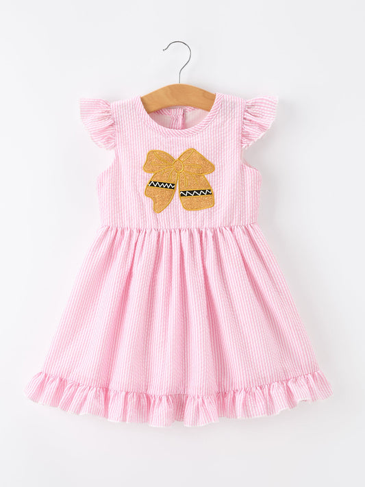 Girls Back To School Bow Twirl Dress Ruffle Applique Pink