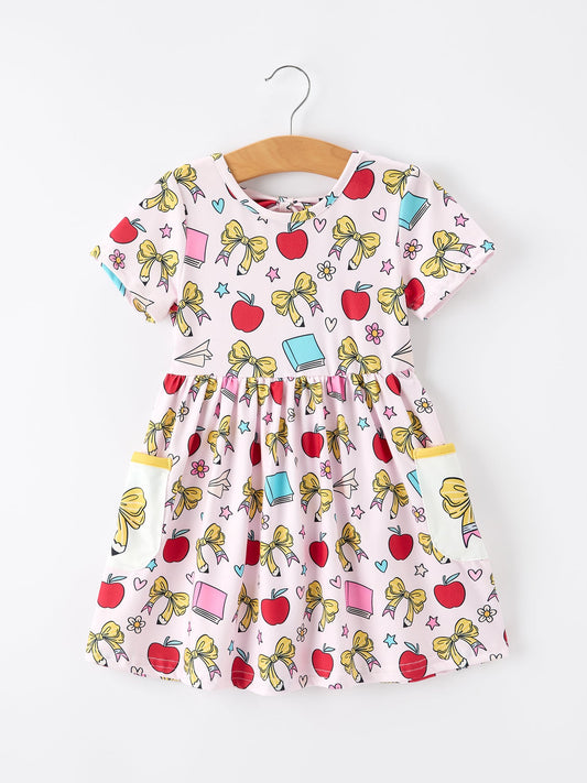 Girls Back To School Apple Bow Pocket Twirl Dress