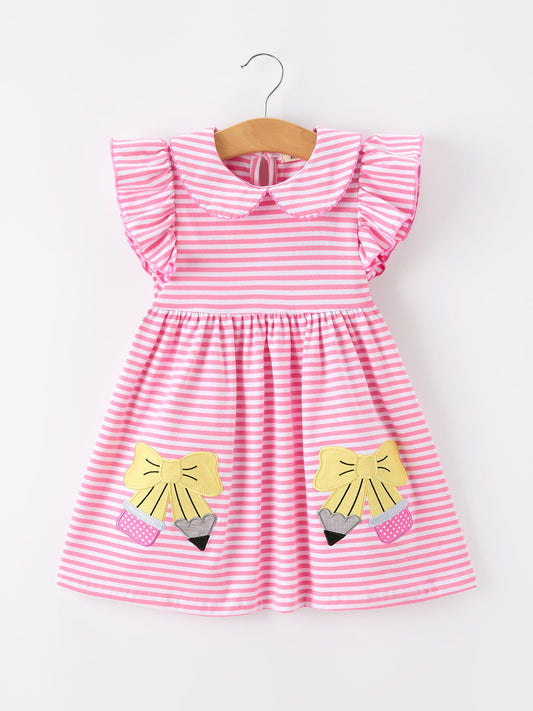Girls Back To School Bow Pencil Twirl Dress Ruffle Petal Collar Applique
