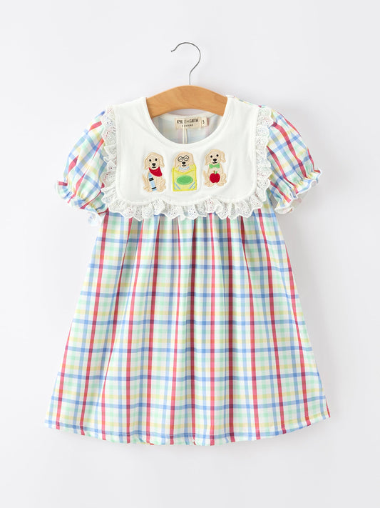 Girls Back To School Dog Plaid Twirl Dress