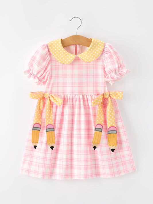 Girls Back To School Pencil Plaid Twirl Dress Bow Petals Collar