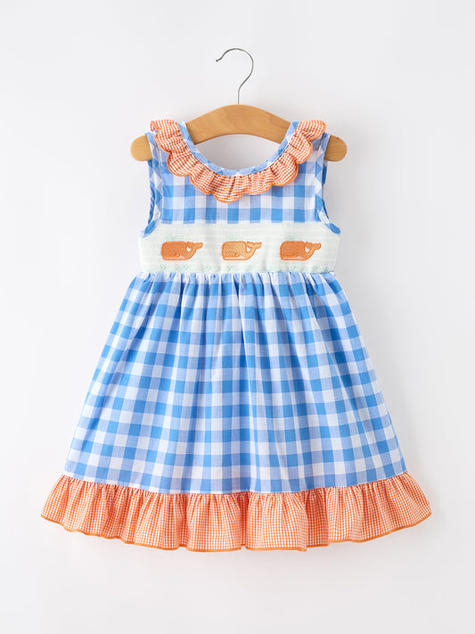 Summer Whale Embroidery Girls Dress Plaid Ruffle Collar
