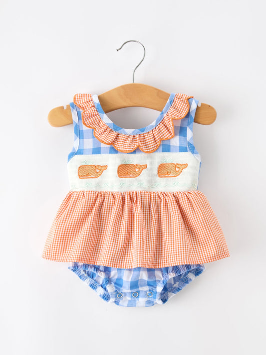 Summer Whale Embroidery Girls Romper Plaid Ruffle Collar