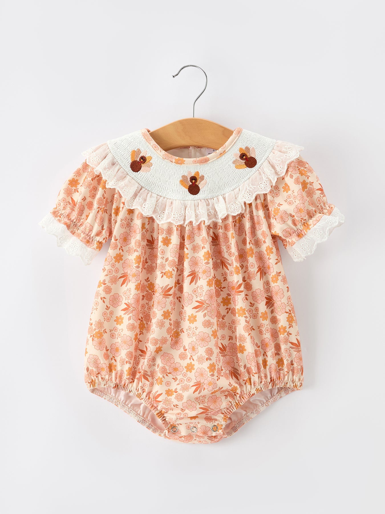 Thanksgiving Turkey Floral Lace Bubble Girls Romper