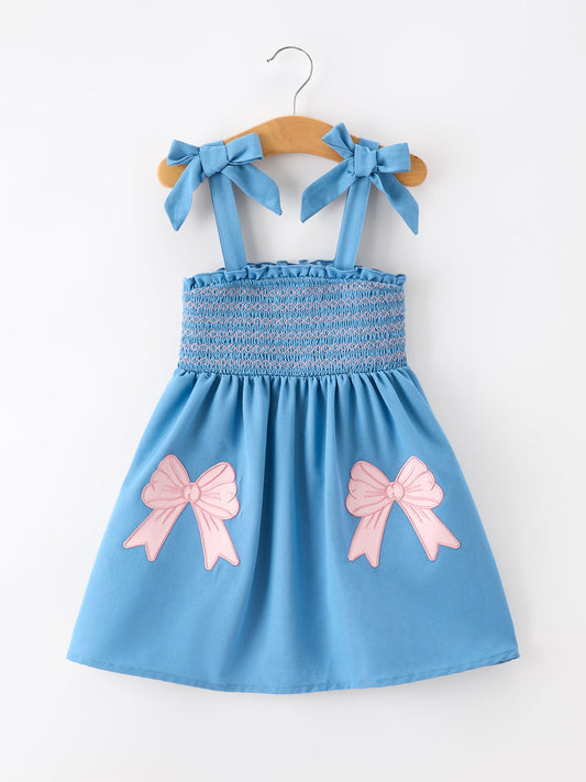 Summer Bow Girls Dress Smocked Strap Dress Bow Applique