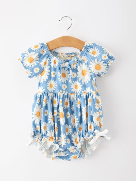 Summer Daisy Print Girls Romper Bow Ruffle