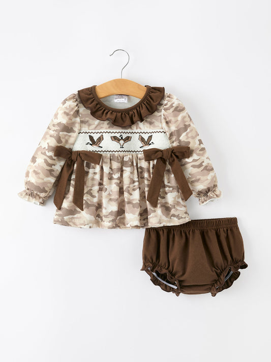 Duck Smocked Camo Baby Bloomer Set Bow Detail