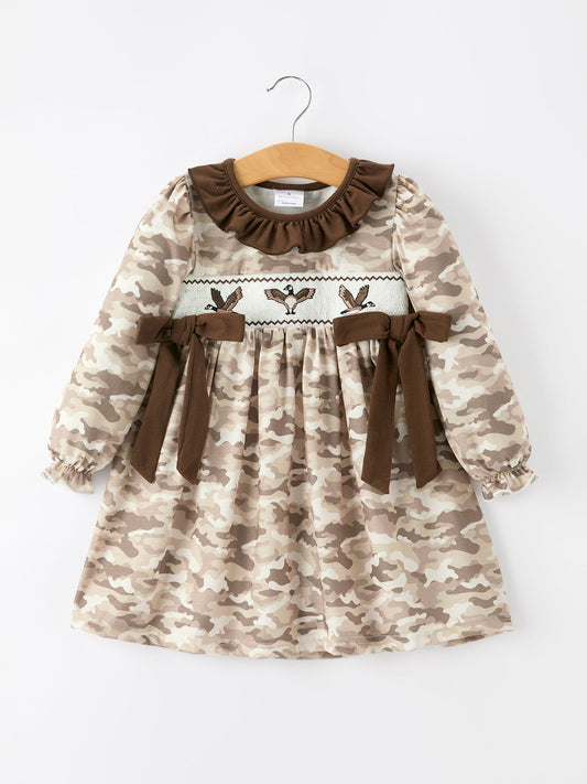 Duck Smocked Camo Girl Dress Bow Detail