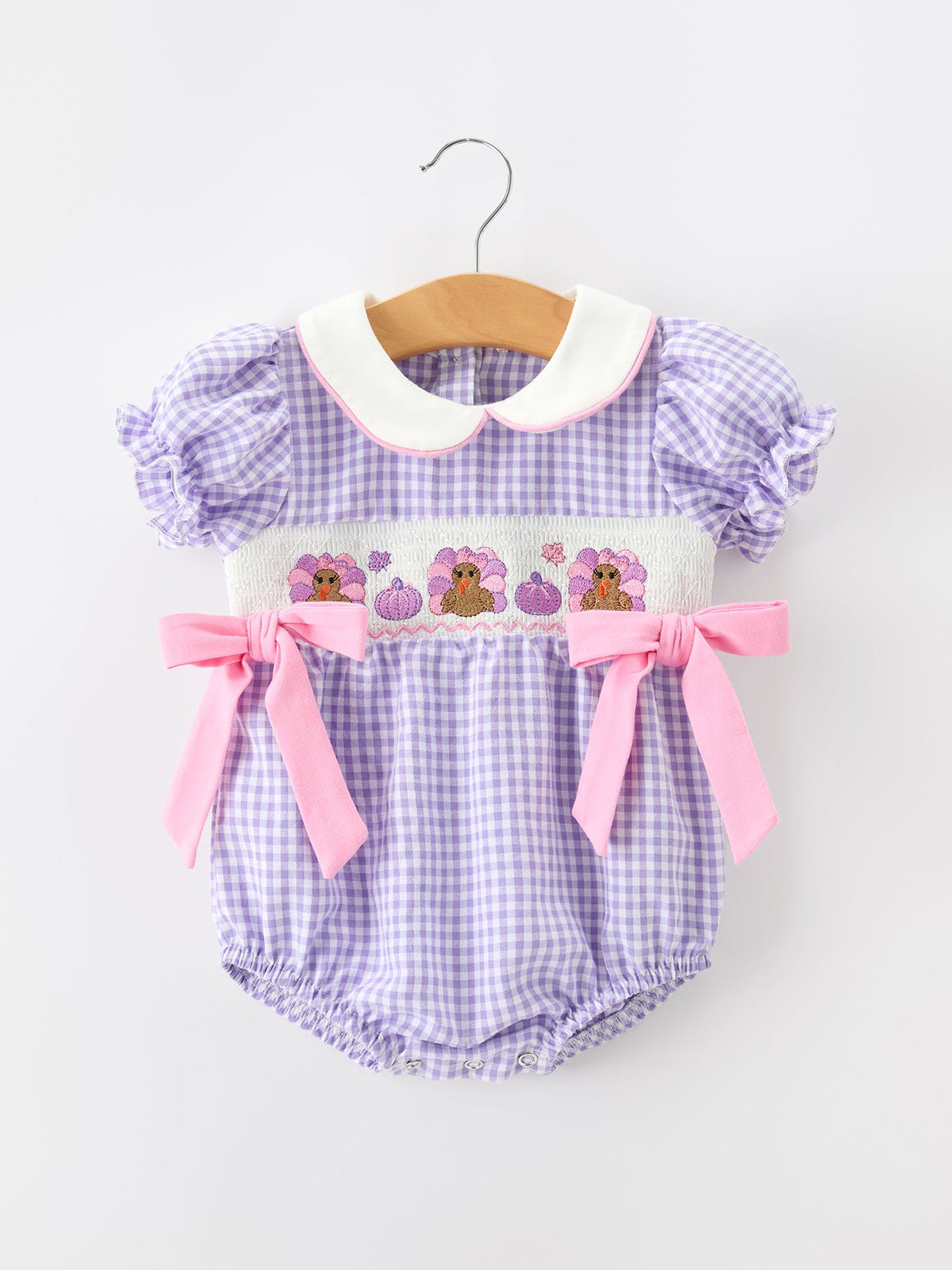 Thanksgiving Turkey Smocked Plaid Bow Girls Bubble Romper