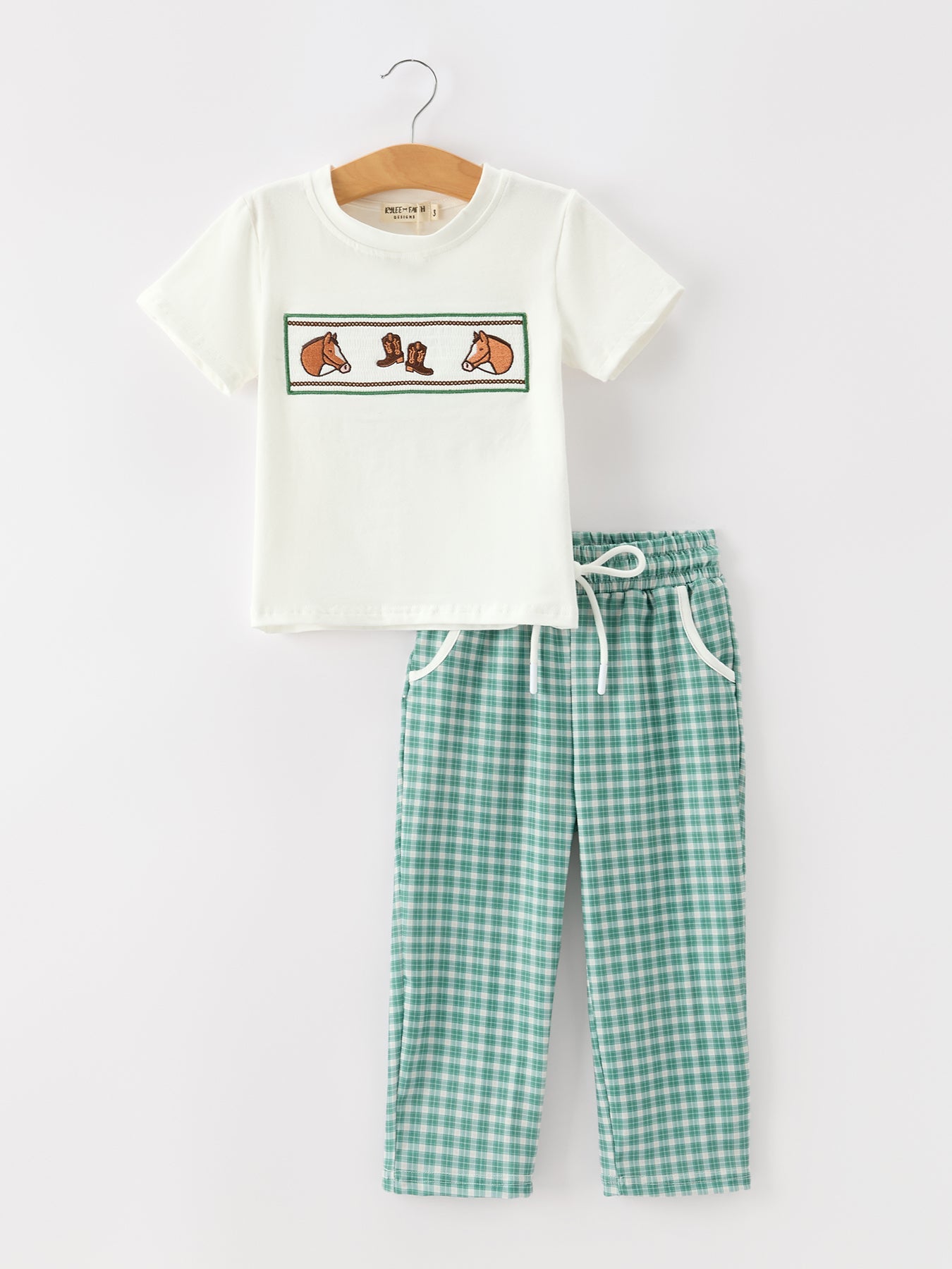 Western Plaid Horse Embroidery Boy Pants Set