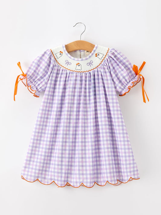 Halloween Ghost Plaid Bow Scallop Girls Dress