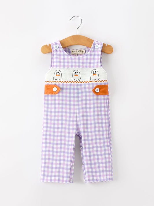 Halloween Ghost Plaid Smocked Baby Boy Romper