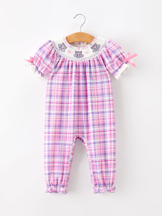Halloween Plaid Bat Smocked Girls Romper