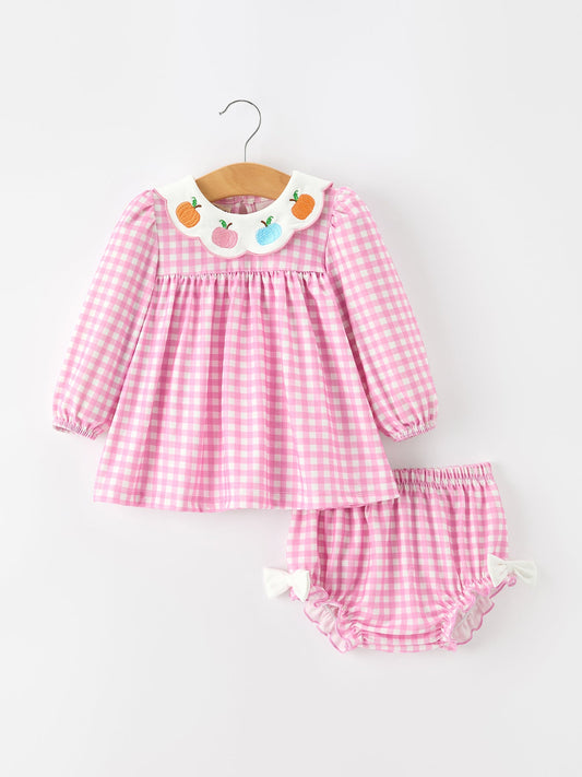 Thanksgiving Halloween Pumpkin Embroidery Pink Plaid Girls Bloomer Set