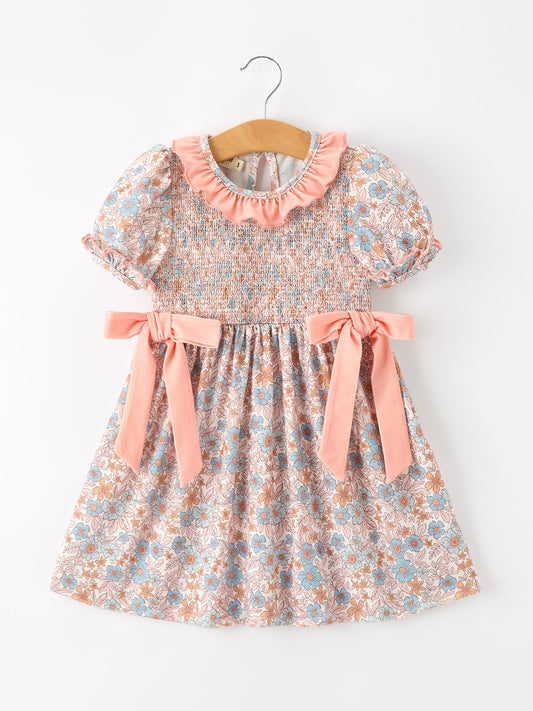 Fall Floral Girls Dress Smocked Ruffle Neck Bow