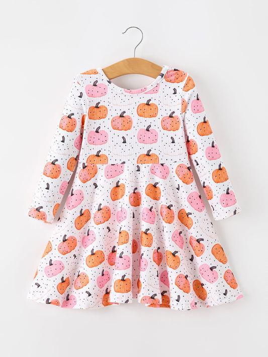 Fall Pumpkin Print Girls Twirl Dress Long Sleeve
