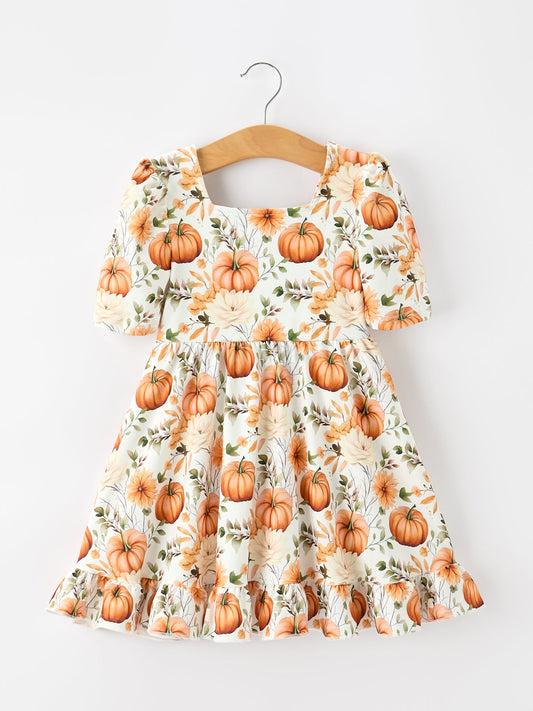 Fall Pumpkin Floral Girls Ruffle Hem Dress