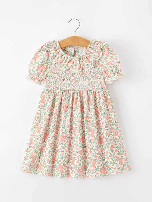 Fall Blush Floral Girls Dress Smocked Petal Collar