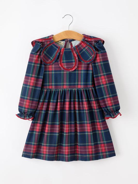Fall Plaid Girl Dress Petal Collar Puff Sleeve Long Sleeve