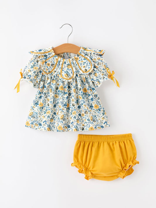 Floral Girls Outfit Set Yellow Puff Sleeve Top Bloomers Set