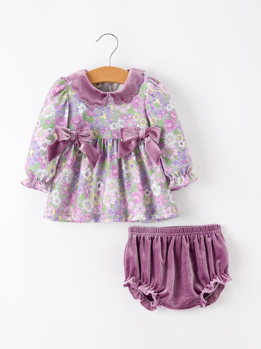 Purple Floral Velvet Baby Girl Outfit Set Ruffle Bow Bloomers