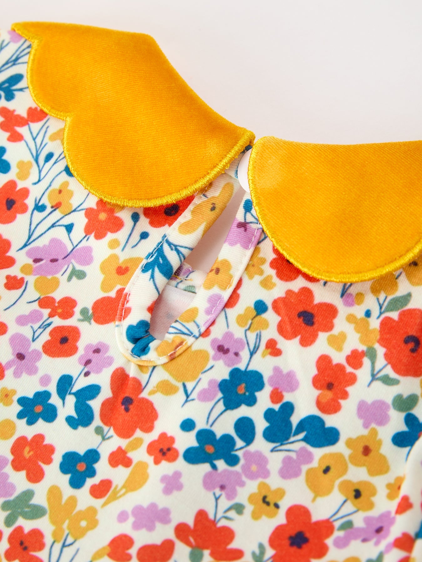 Floral Girls Dress Yellow Velvet Collar Bow Puff Sleeve Dress
