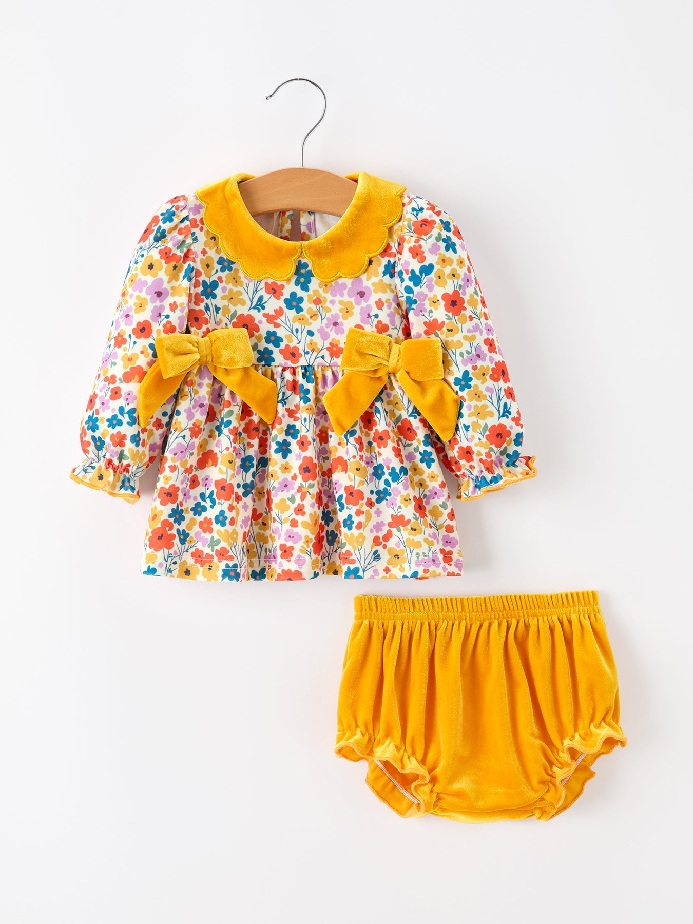 Floral Baby Girl Outfit Set Yellow Velvet Collar Bow Bloomers