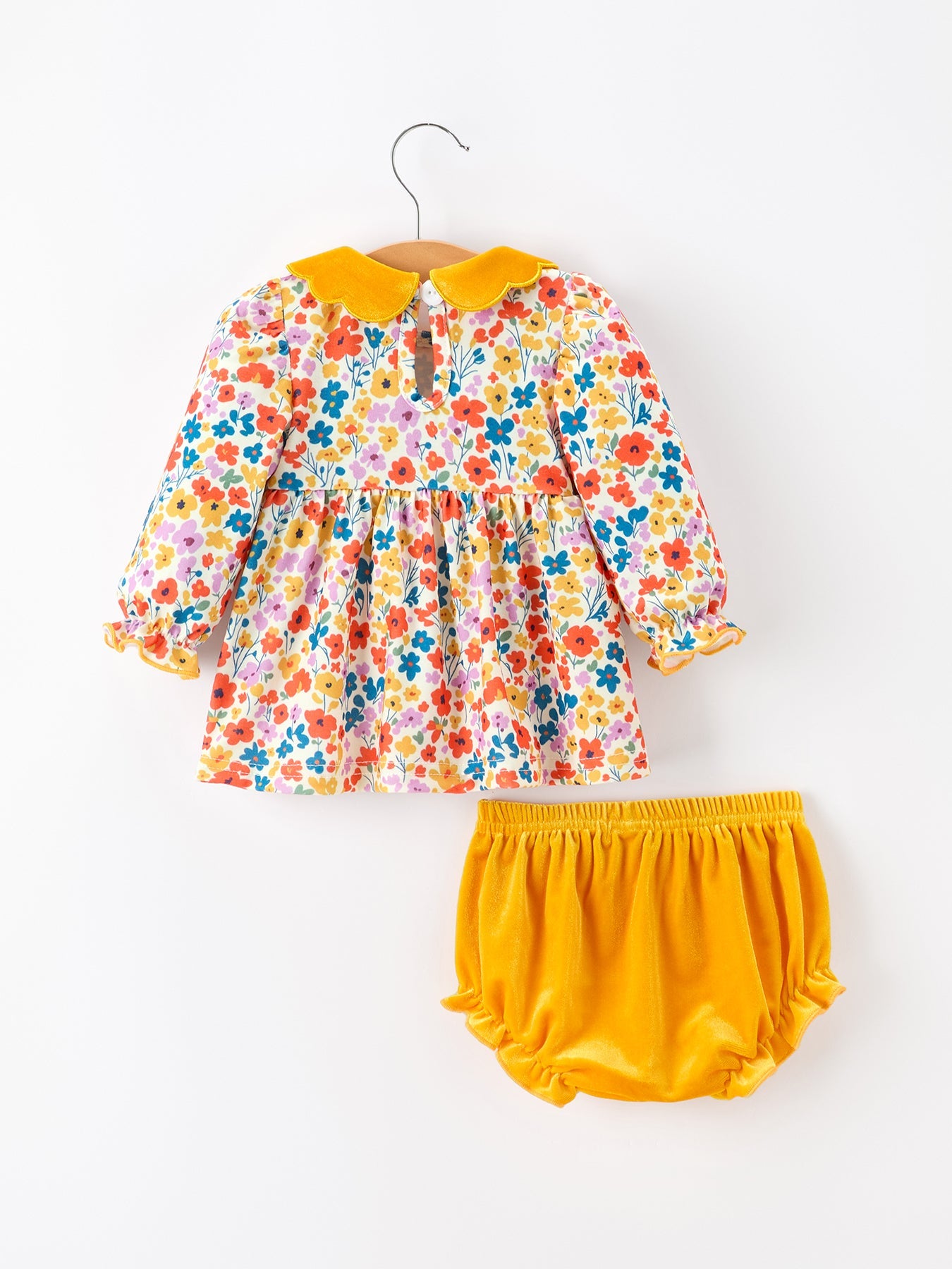 Floral Baby Girl Outfit Set Yellow Velvet Collar Bow Bloomers
