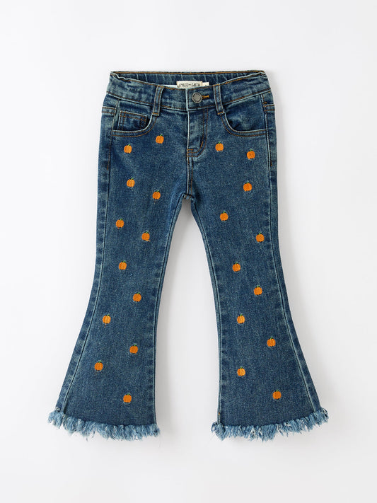 Girls Pumpkin Embroidered Flare Jeans Fall Denim Pants with Fringe Hem