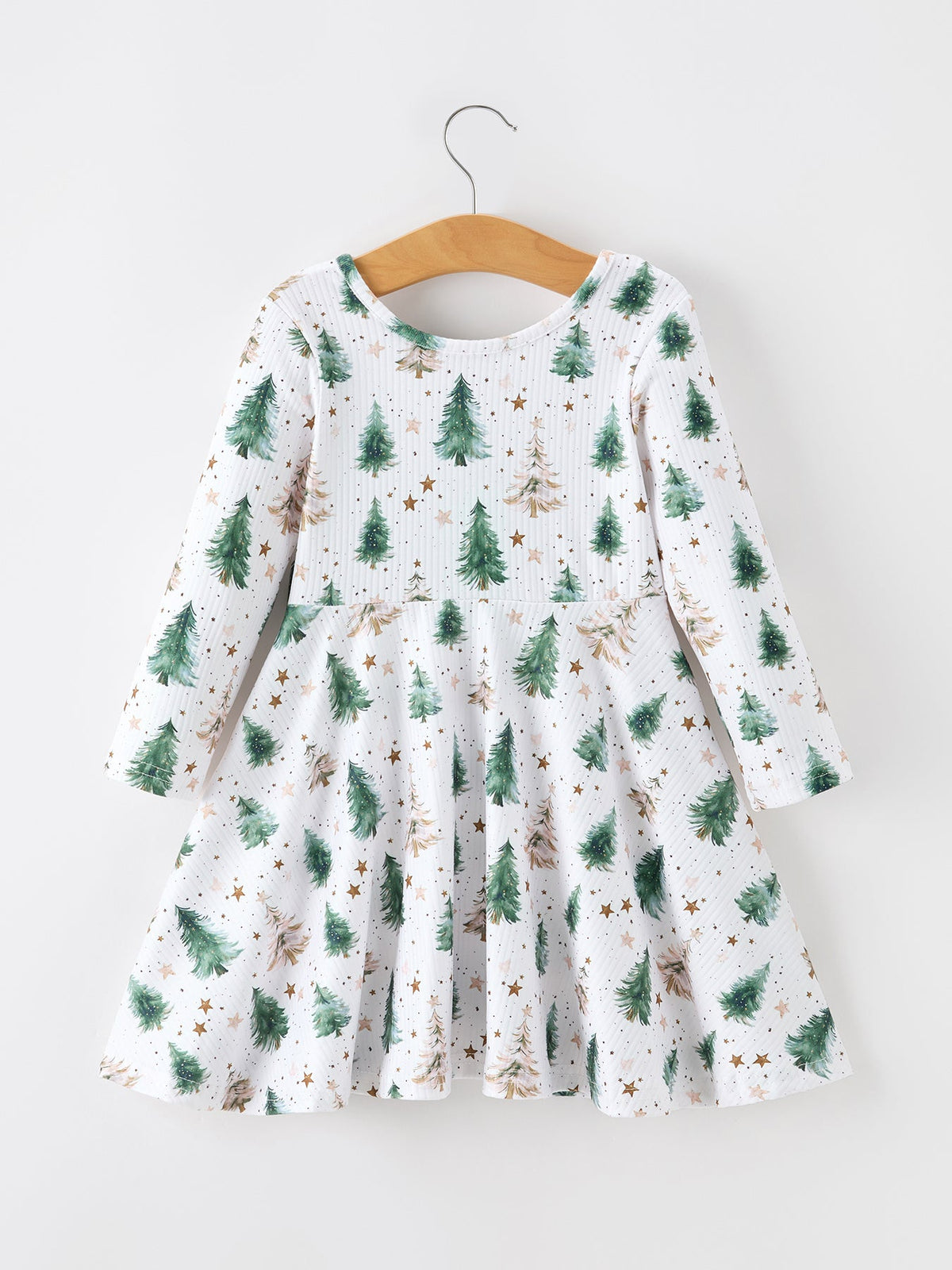 Girls Christmas Tree & Star Ribbed Print Twirl Dress
