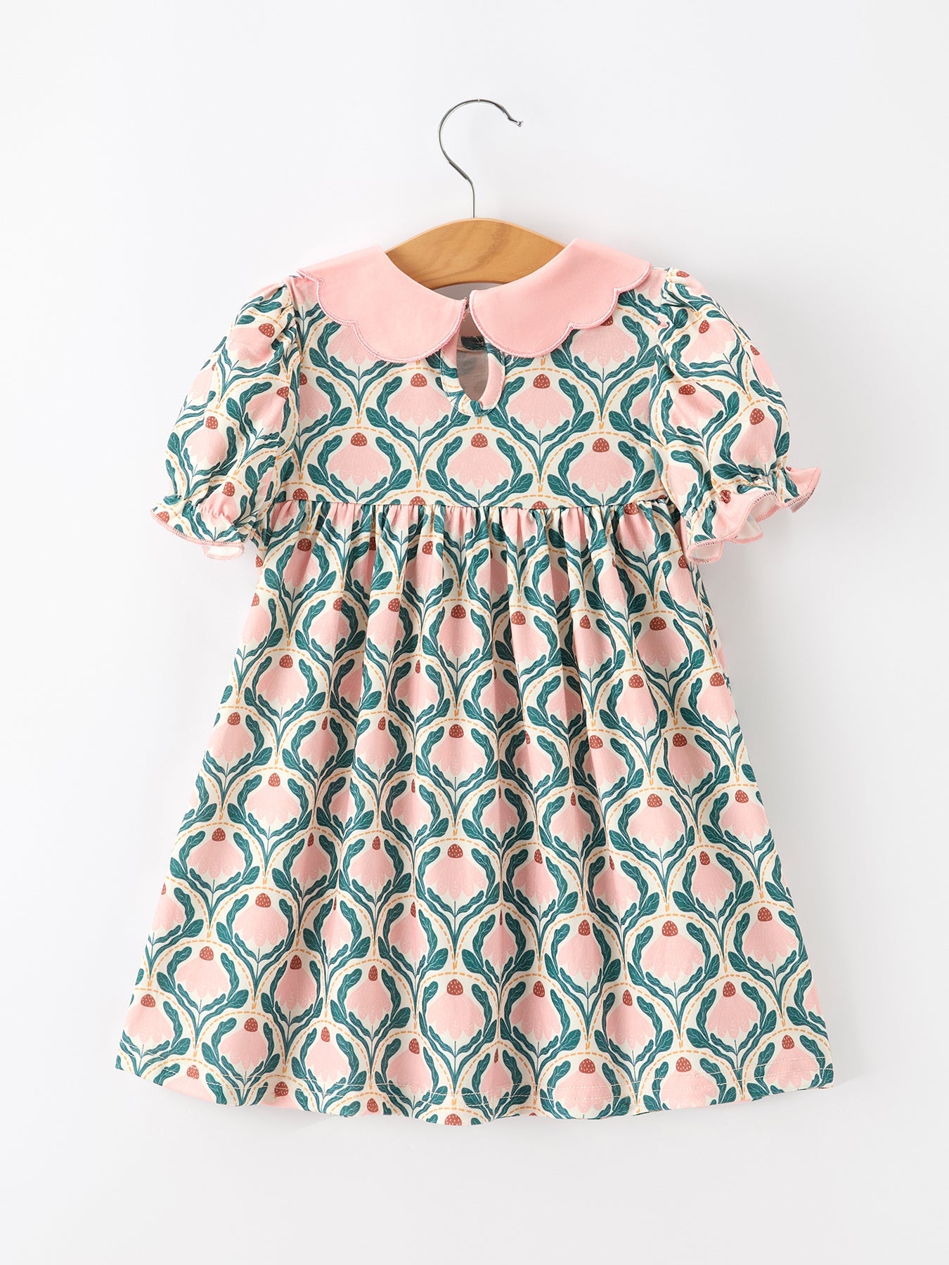 Fall Geometric Floral Girls Dress Petals Collar Smocked