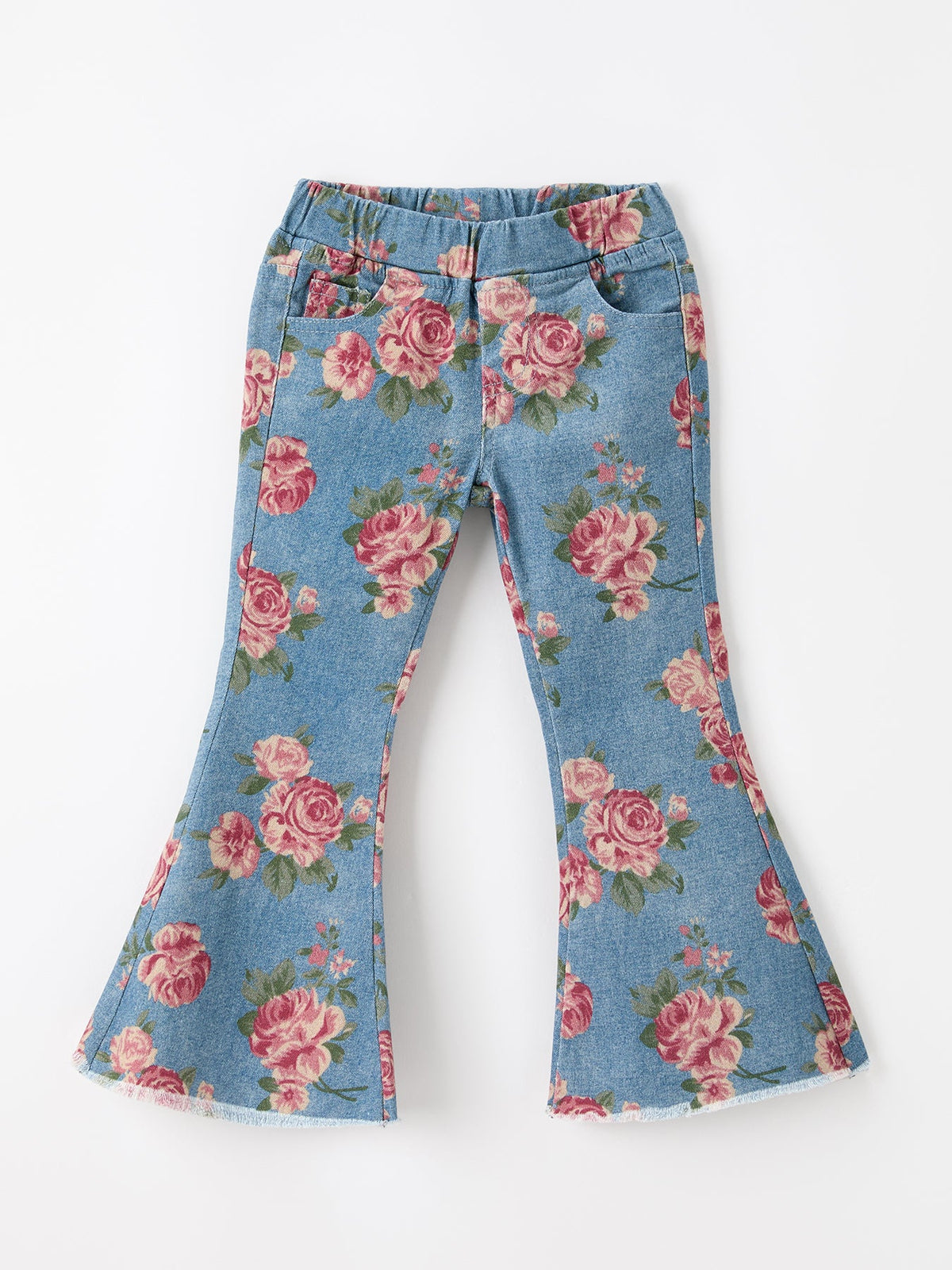 Girls Floral Denim Bell Bottom Pants Rose Print Flare Jeans