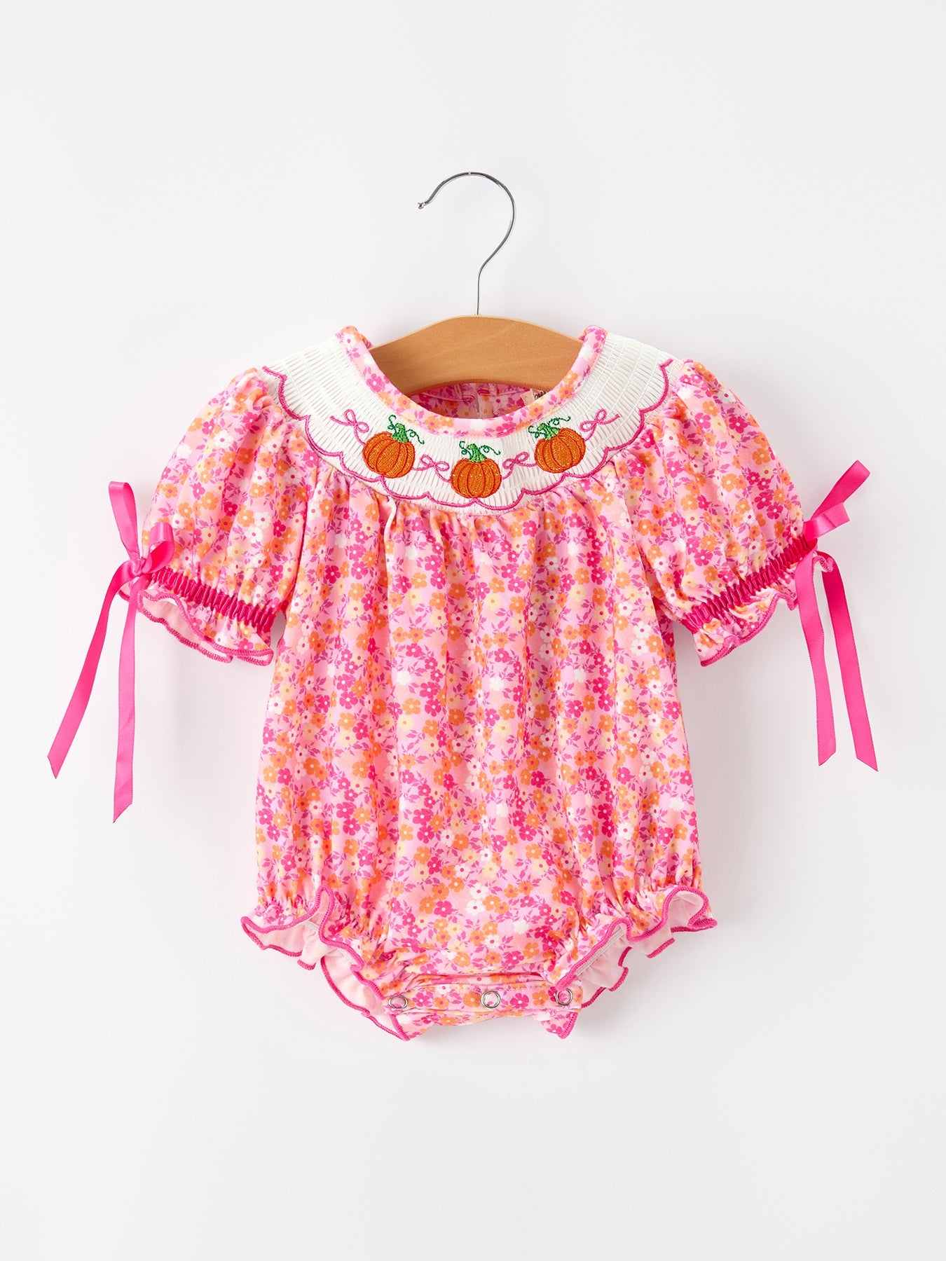 Girls Halloween & Thanksgiving Floral Smocked Bubble Romper