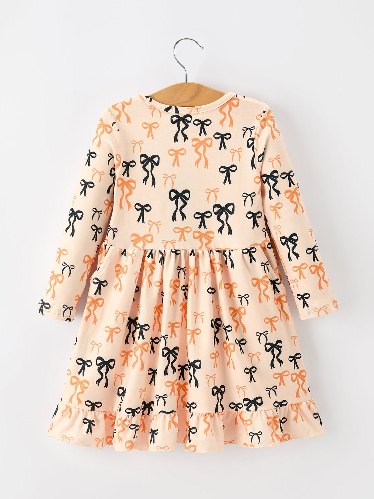 Halloween Bow Print Girls Twirl Dress Long Sleeve with Pockets