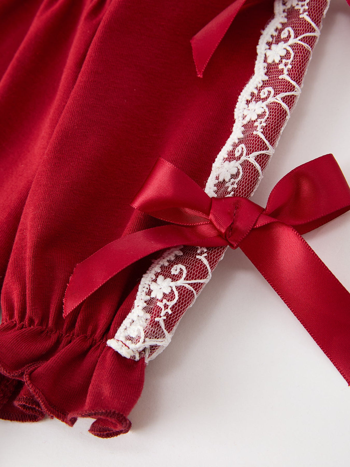 Christmas Baby Girls Red Lace Bow Bloomer Set