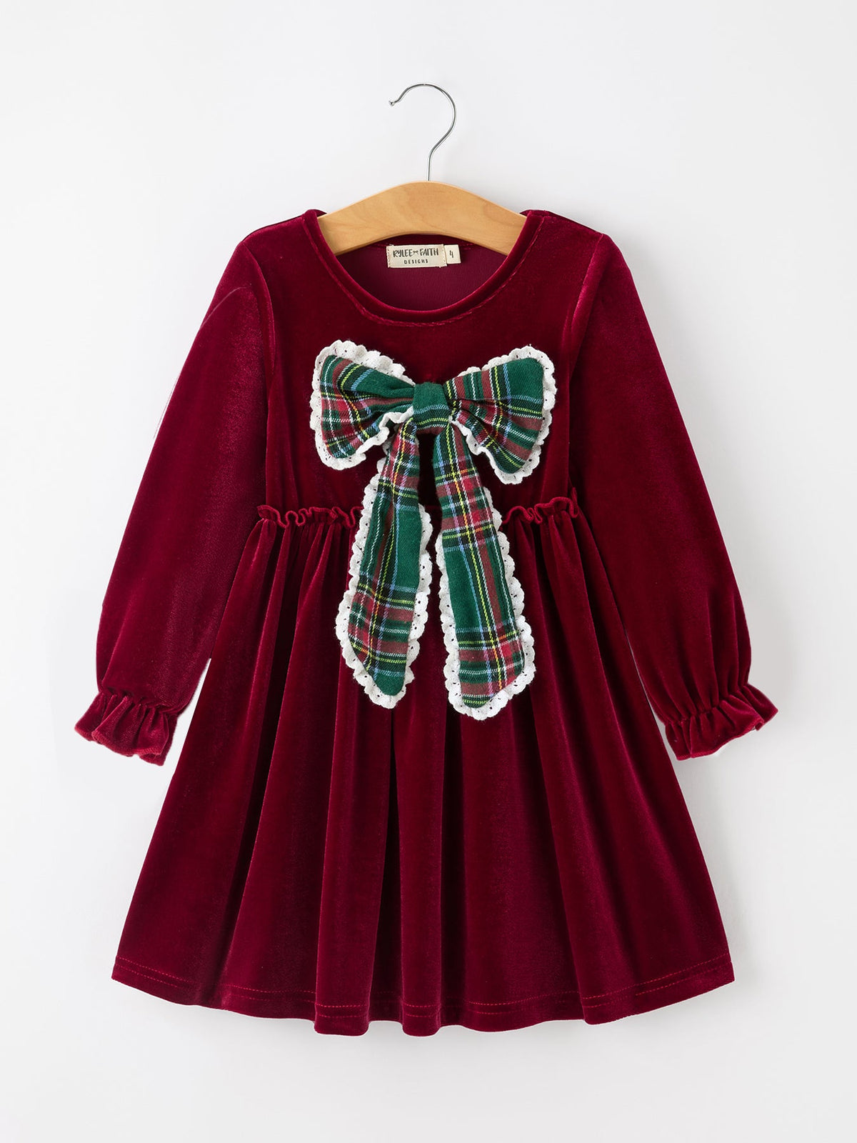 Girls Christmas Burgundy Velvet Plaid Bow Dress