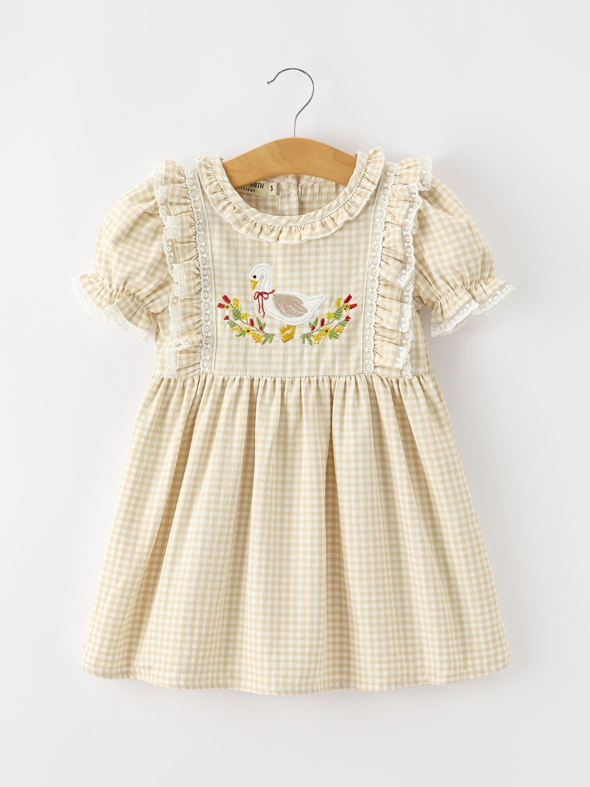 Girls Goose Embroidered Beige Plaid Ruffle Dress