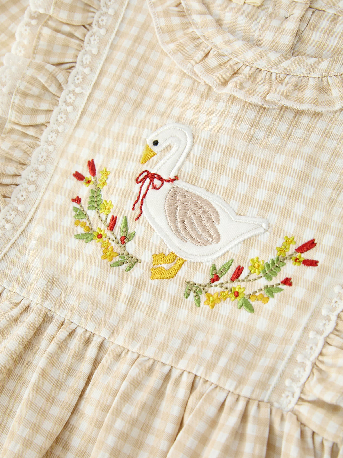 Girls Goose Embroidered Beige Plaid Ruffle Dress