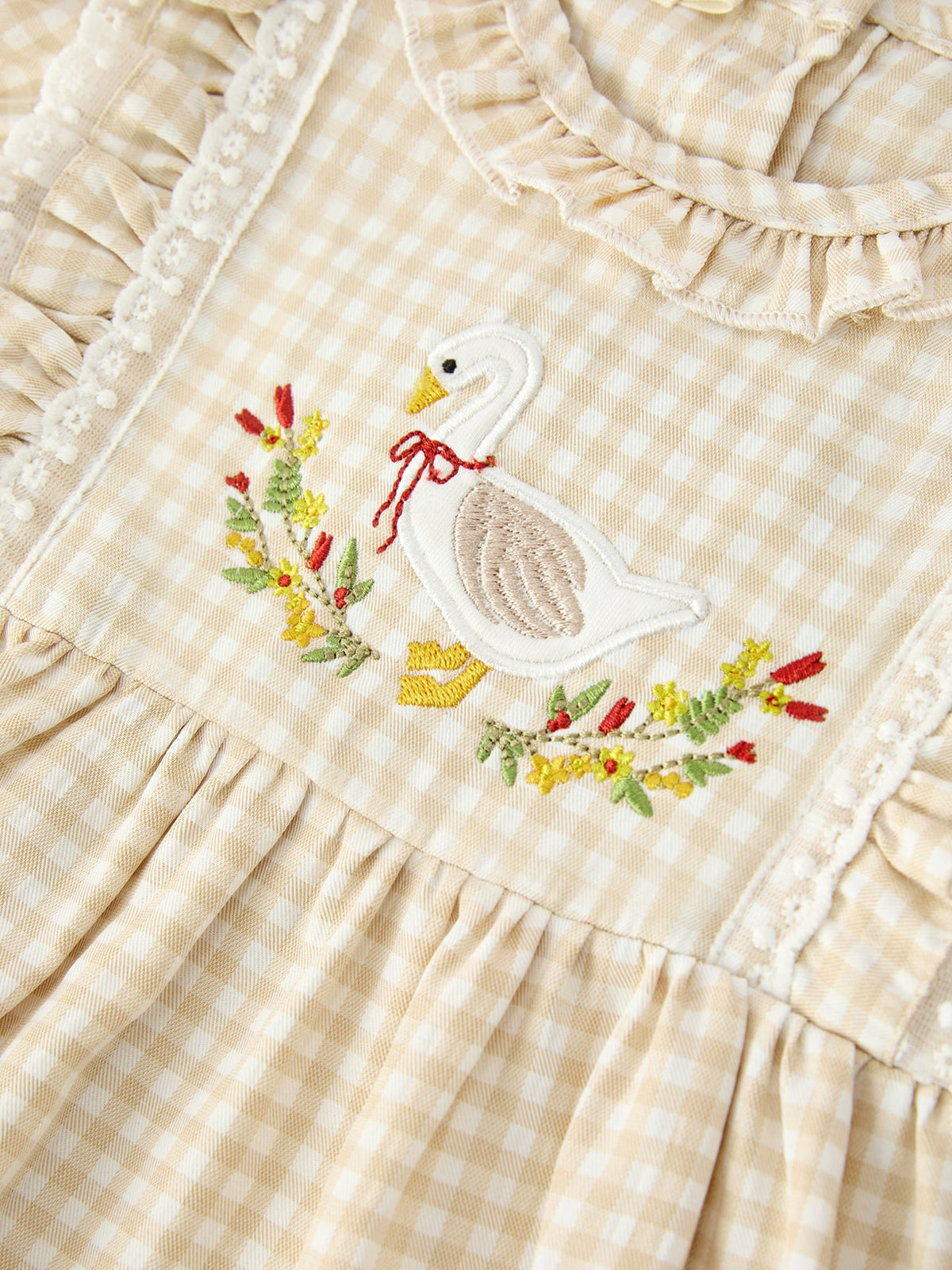 Baby Girls Goose Embroidered Beige Plaid Ruffle Bloomer Set