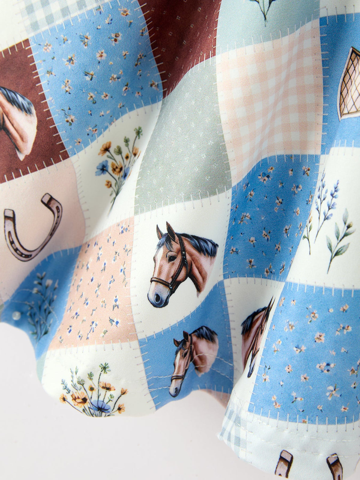 Western Horse Patchwork Print Girls Short Sleeve Twirl Dress