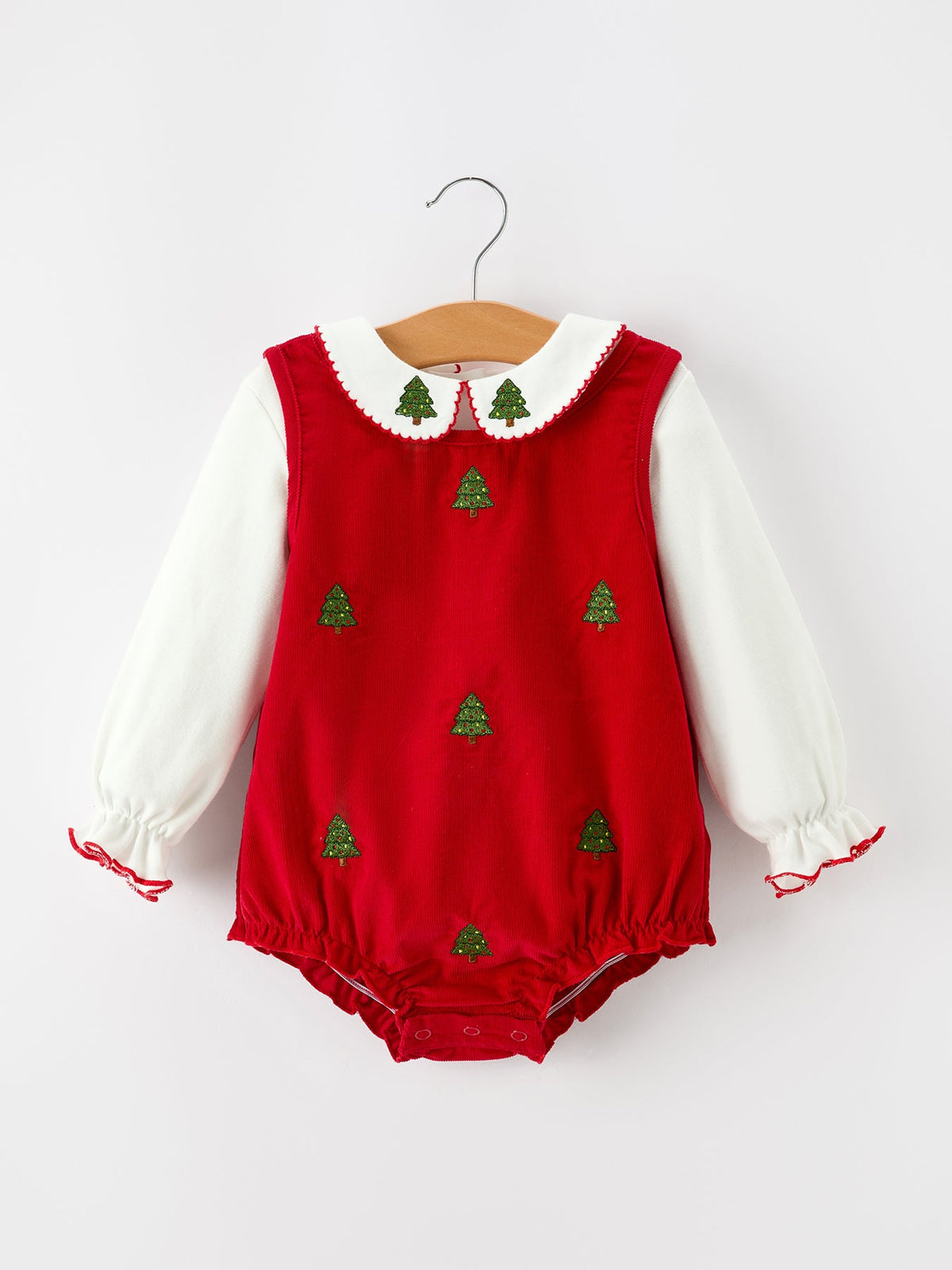 Girls Christmas Tree Embroidered Cotton Top & Corduroy Romper Set