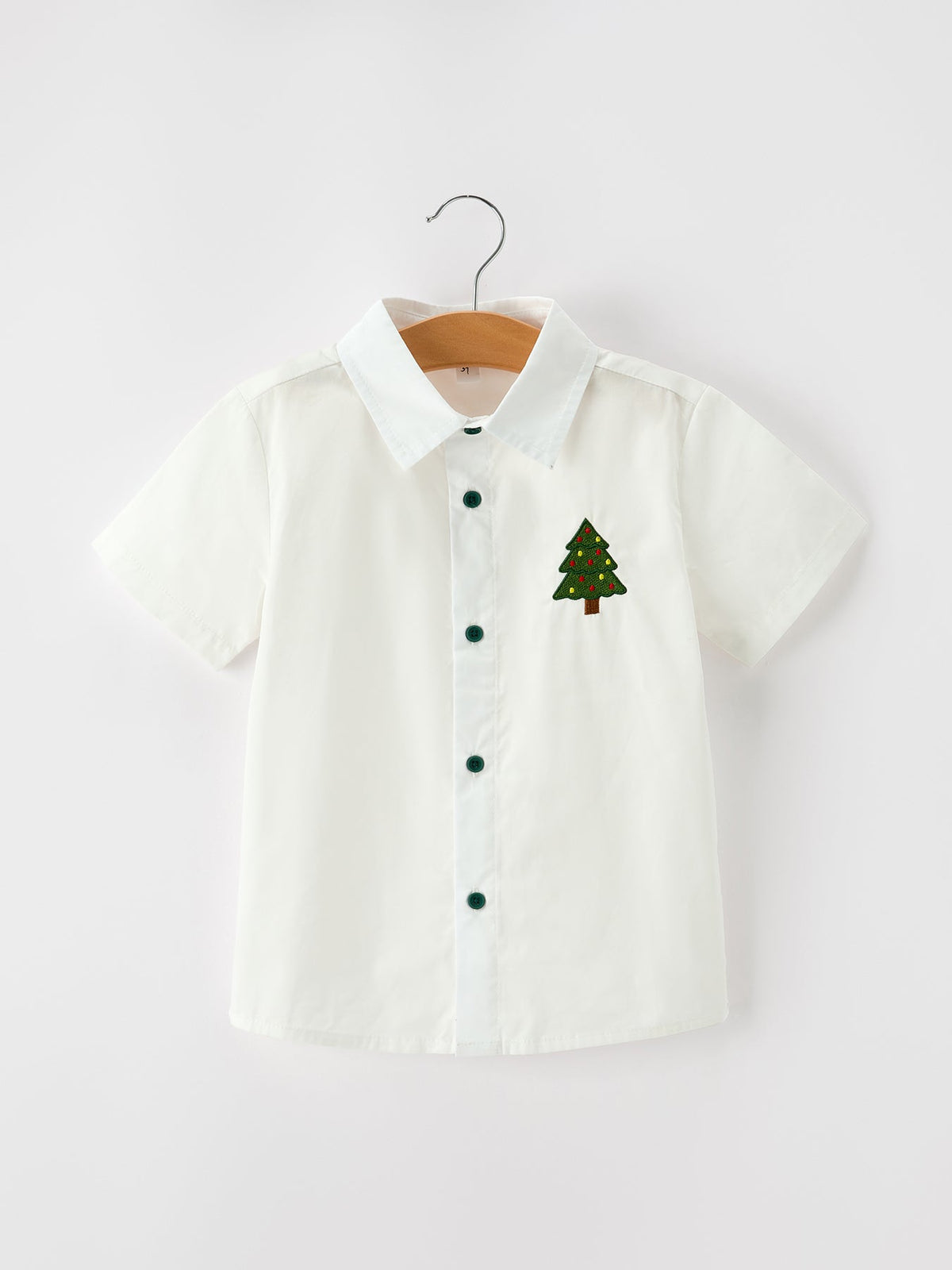 Boys Christmas Tree Embroidered White Short Sleeve Button Down Shirt