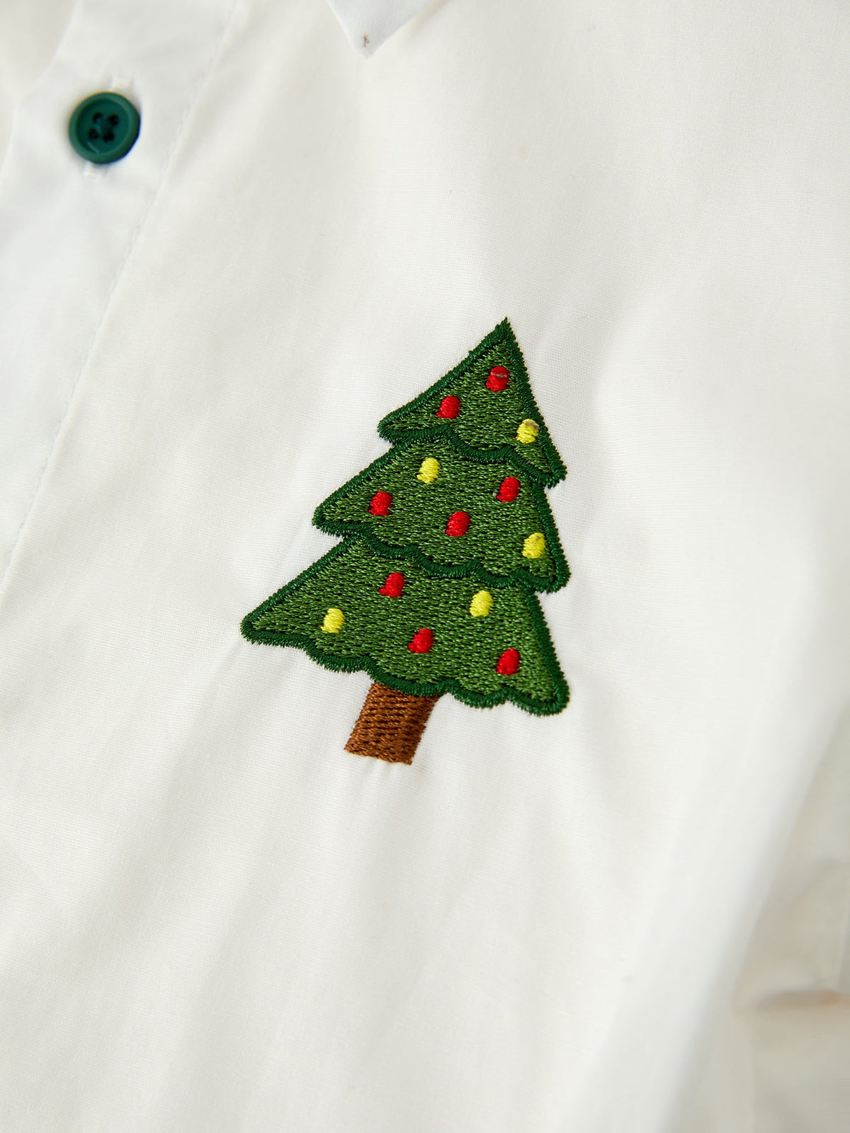 Boys Christmas Tree Embroidered White Short Sleeve Button Down Shirt