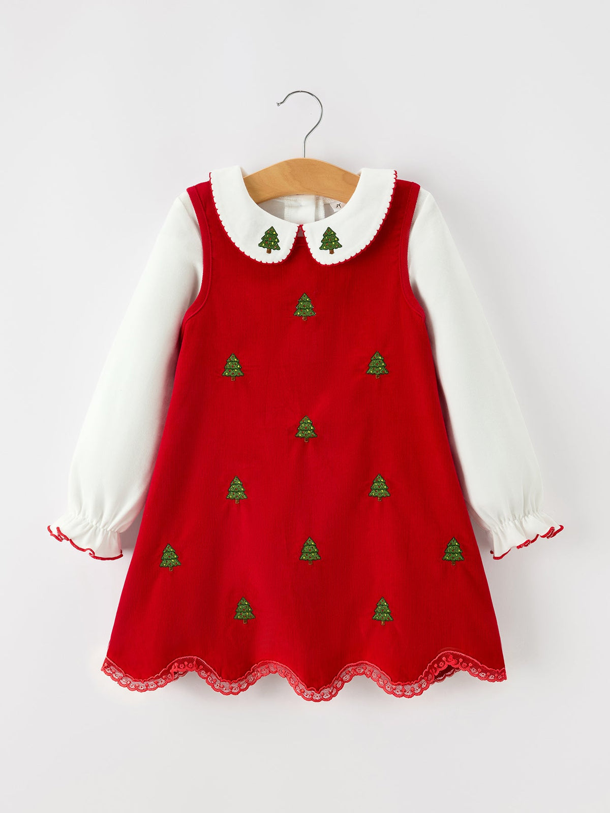 Girls Christmas Tree Embroidered Corduroy Dress & Cotton Top Set