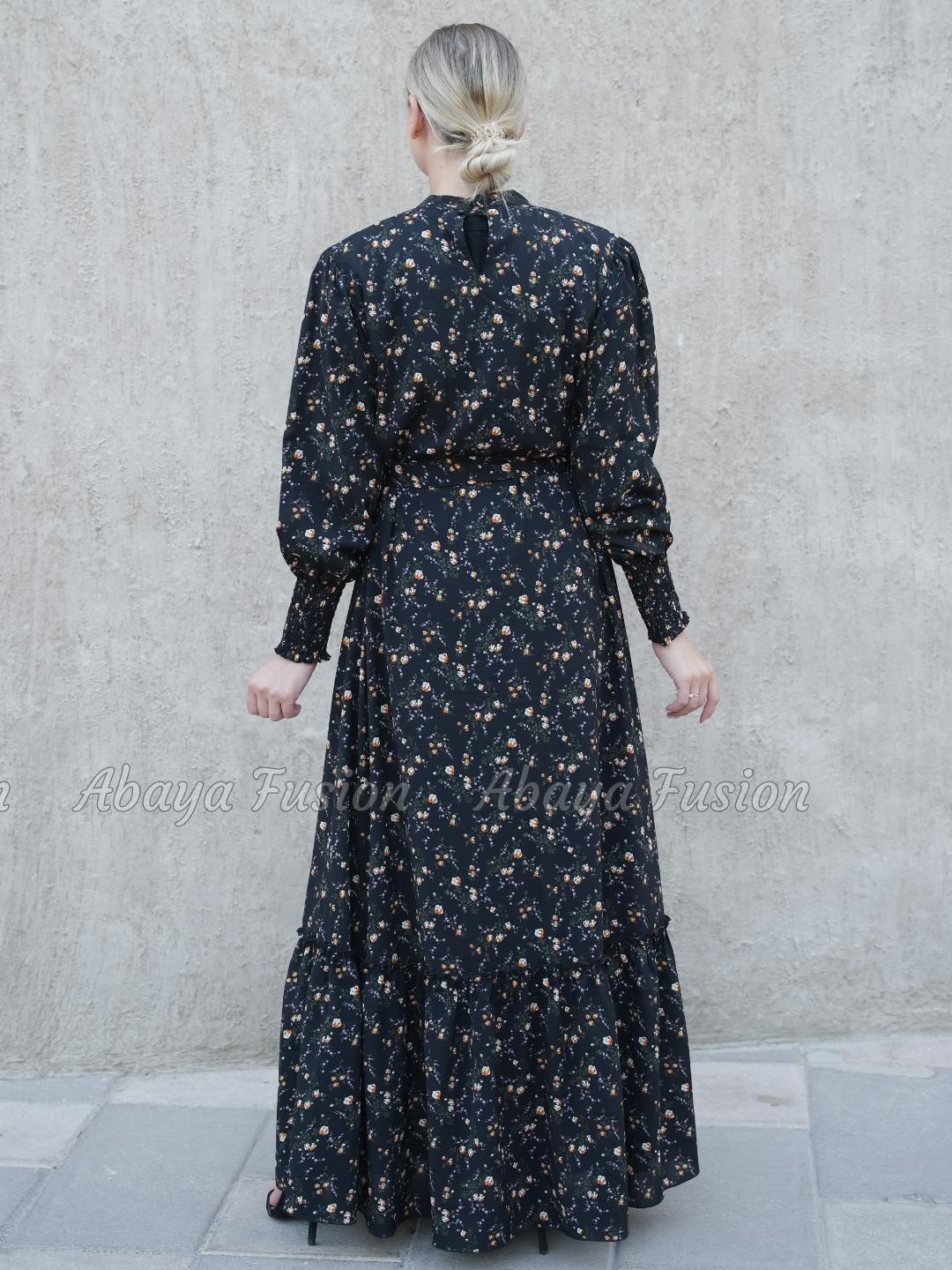 Long Dress with Floral Print in black